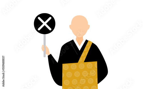 仏教のお坊さんがバツの棒を持つシンプルなイラスト