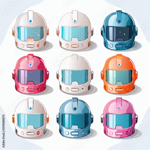 A sleek vector sheet of space helmets, each with distinct visors and futuristic flair—perfect for character or game design.
