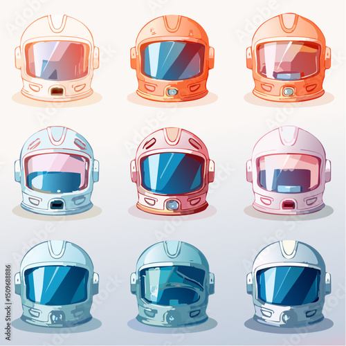 A sleek vector sheet of space helmets, each with distinct visors and futuristic flair—perfect for character or game design.