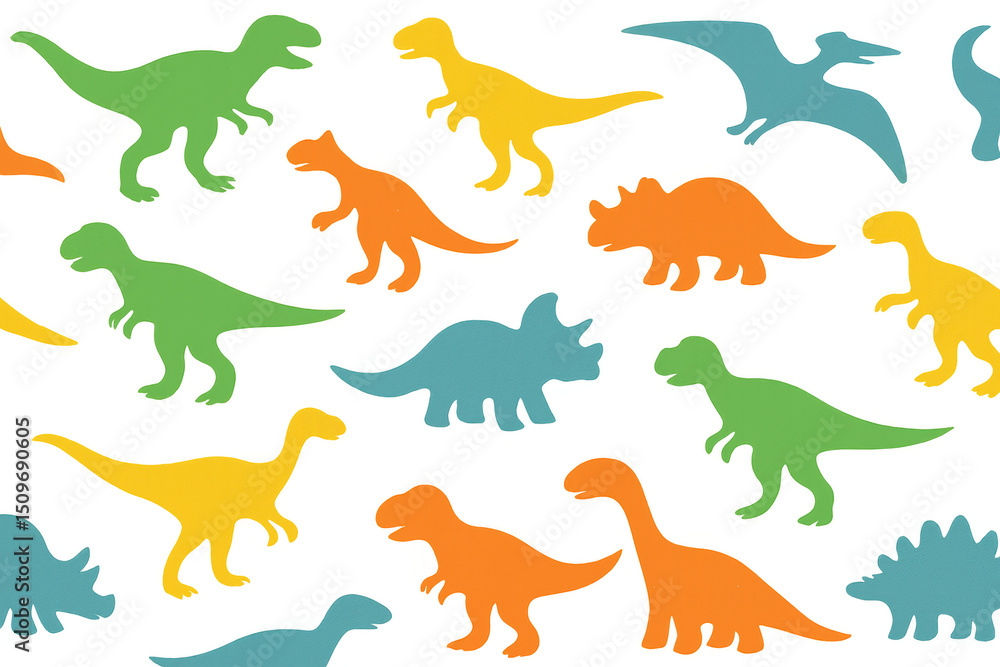 Colorful dinosaur silhouettes repeating across transparent background, blending prehistoric charm with graphic design simplicity Colorful dinosaur silhouettes repeating across transparent background, blending prehistoric charm with graphic design simplicity
