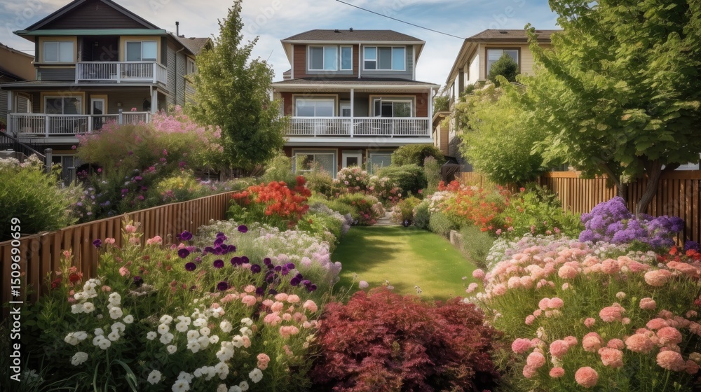 Fototapeta premium Colorful garden bordered by a wooden fence.