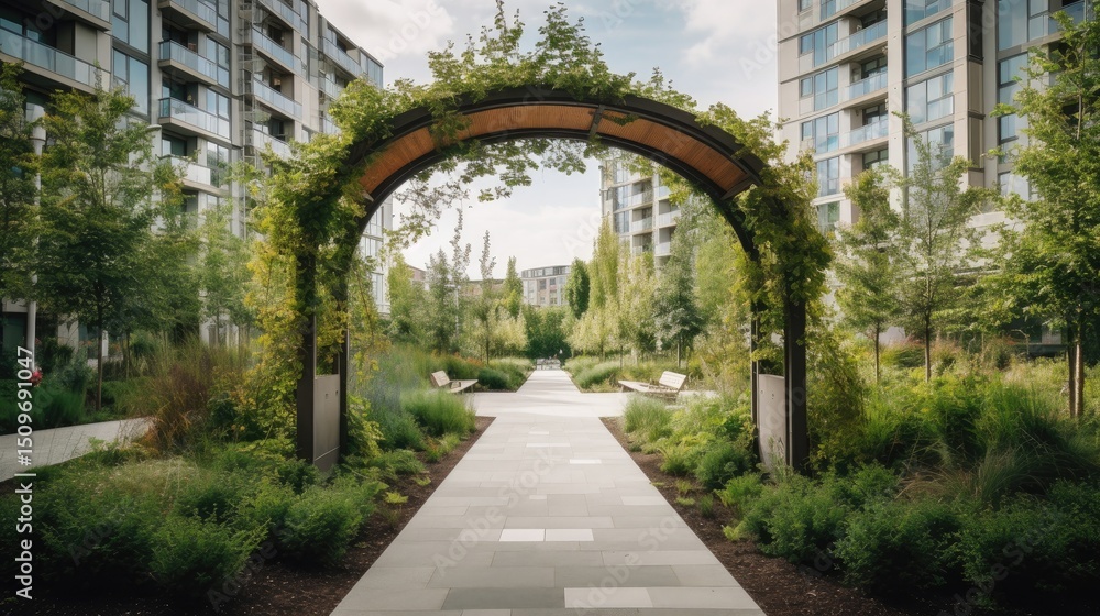 Fototapeta premium Lush greenery surrounds a paved walkway beneath a decorative archway.