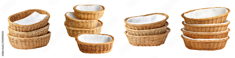 Obraz premium Natural wicker baskets with white liners, featuring various shapes and sizes, perfect for home decoration, organizing, storing, and serving bread or fruits in a rustic style