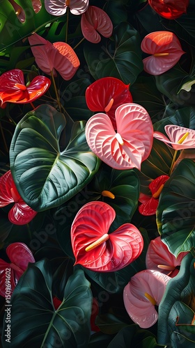 Wallpaper Mural A vibrant display of red and pink anthurium flowers with lush green leaves creates a tropical botanical scene Torontodigital.ca