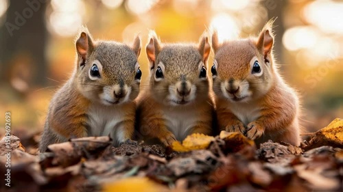 Three Adorable Baby Squirrels Huddled Together in Autumn Leaves