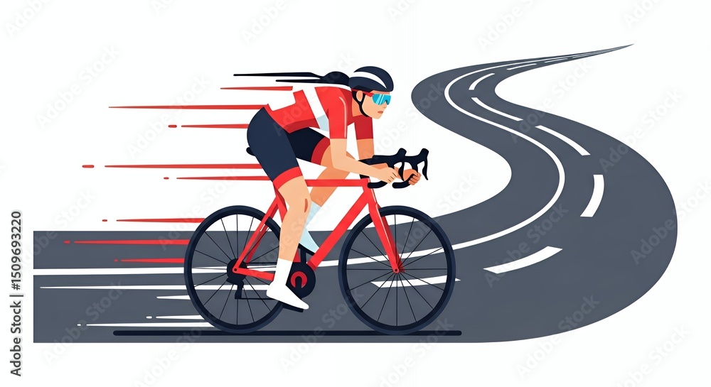 Fototapeta premium Female Cyclist Speeding on a Winding Road with a Red Bike