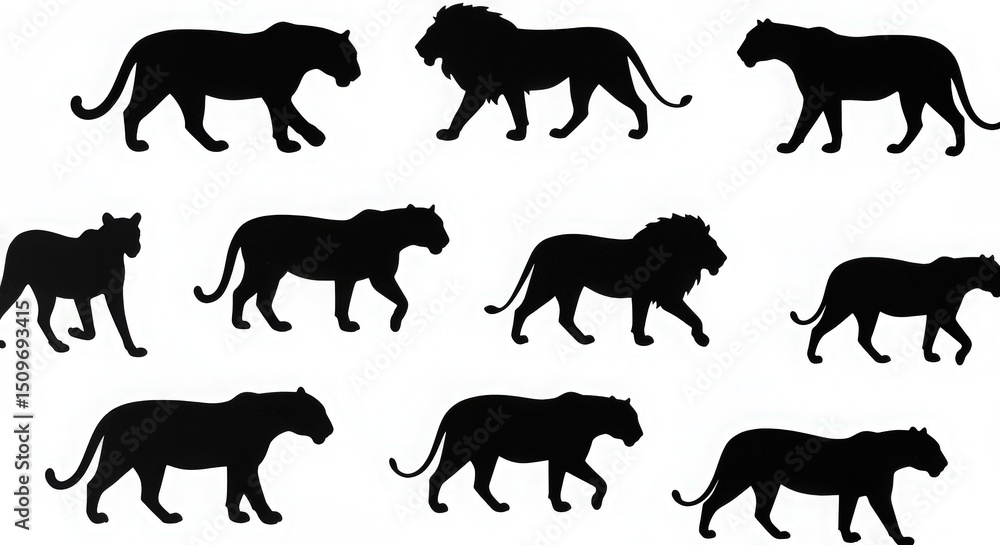 Fototapeta premium Wild panther silhouettes walking in various poses isolated on white background vector set
