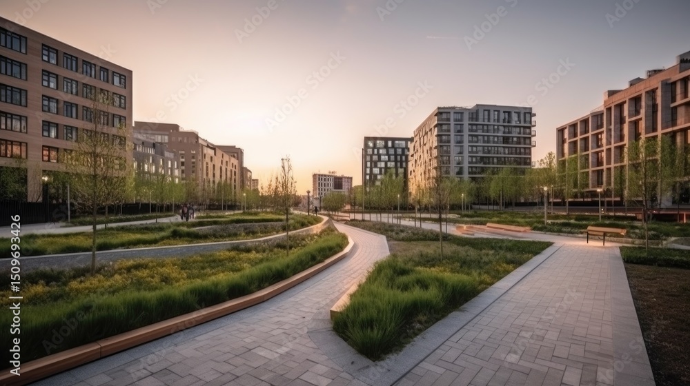 Obraz premium Modern urban park with walkways and apartment buildings.