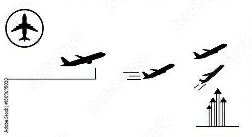 Set of airplane takeoff icons illustrating different angles and ascent stages in silhouette 