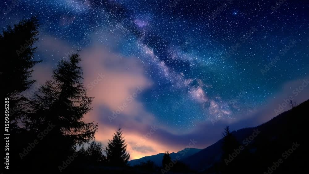 Starry Night Sky Over Mountains with Silhouetted Trees Starry Night Sky Over Mountains with Silhouetted Trees