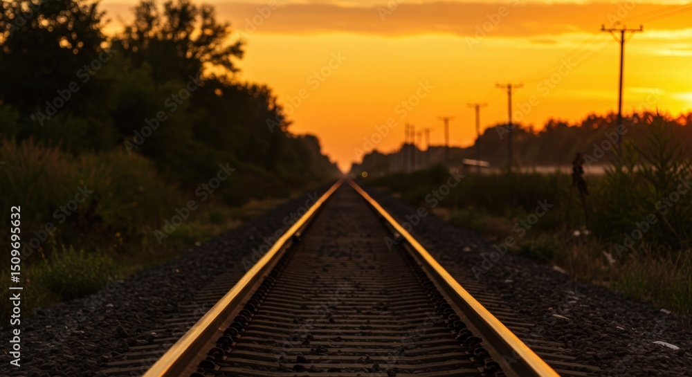 Fototapeta premium Railroad track at sunset stretching into the distance with a warm golden hour landscape glow 