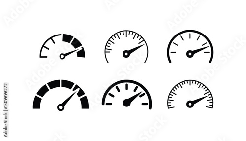 Speedometer and Gauge Icons Set – Vector Dashboard Meters in Black and White for Performance, Speed, and Measurement Concepts
