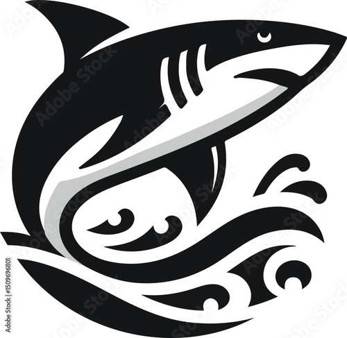 A stylized black and white image of a shark emerging from waves