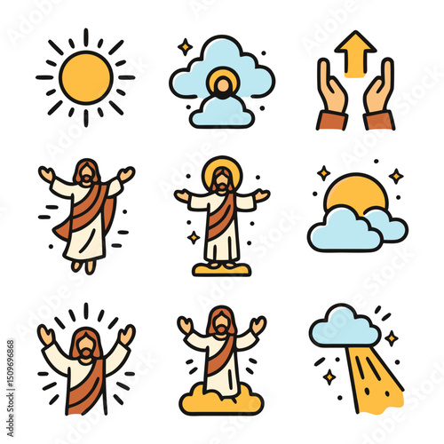 Icons portraying symbols connected to Jesus Christ suitable for religious designs, Easterrelated projects, Christian publications, and worship materials.