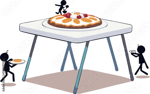 Giant Cake on a Tiny Table: Whimsical Illustration of Food and Scale