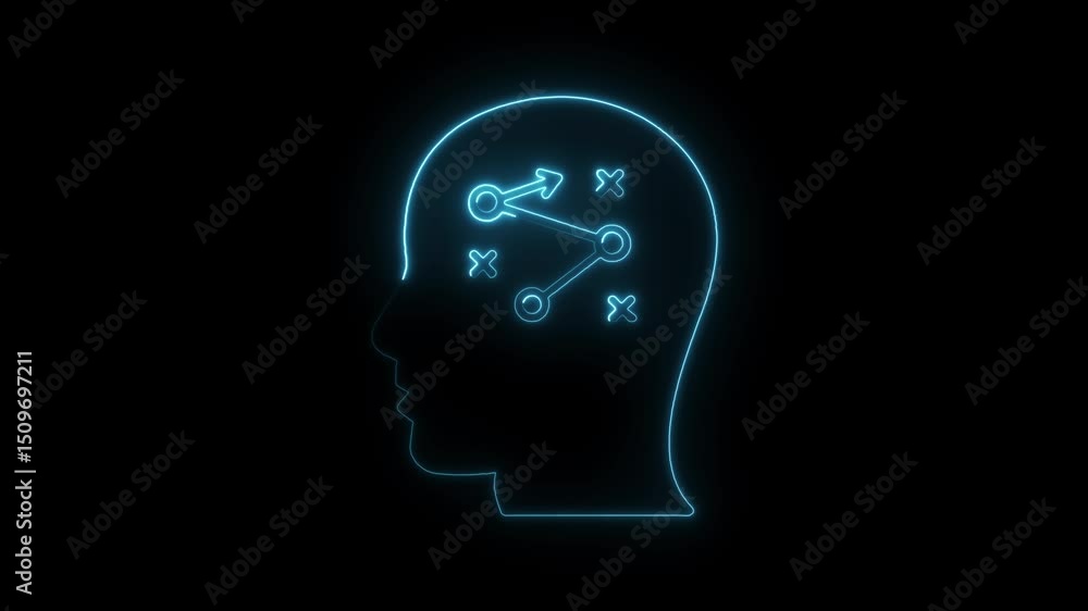 Neon head with strategy map concept depicting problem solving and creative thinking animated visualization Neon head with strategy map concept depicting problem solving and creative thinking animated visualization