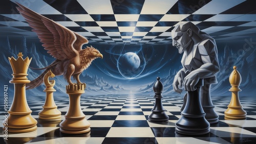 Surreal Chess Battle: A Majestic Griffin Challenges a Colossal Stone Figure Under a Distant Moon