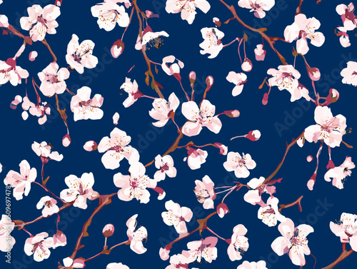 Wallpaper Mural cherry blossom, flower, pattern, floral, seamless, vector, illustration, nature, spring, blossom, design, wallpaper, decoration, flowers, pink, cherry, tree, art, leaf, beauty, plant, texture, branch, Torontodigital.ca