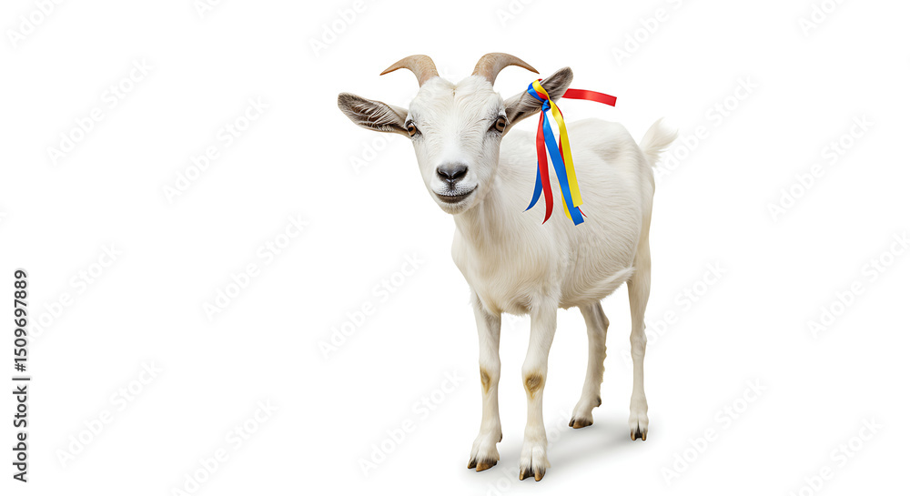 Obraz premium Adorable White Goat with Colorful Ribbons on White Background