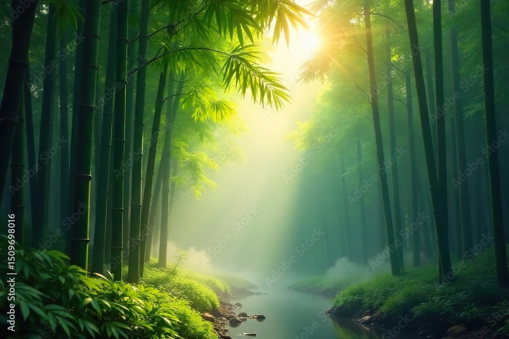 Fototapeta premium Serene bamboo forest bathed in morning sunlight, mist clinging to the leaves, creating an ethereal atmosphere Perfect for wellness, spa, and nature themes , yoga, meditation, ethereal