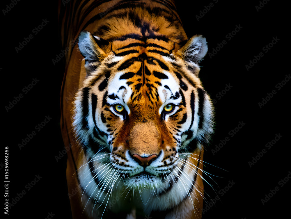 Dangerous wild striped Siberian tiger portrait on black background Dangerous wild striped Siberian tiger portrait on black background