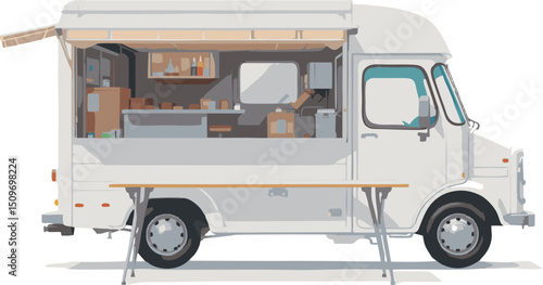 Vintage Food Truck Illustration: Side View of a Retro Mobile Kitchen