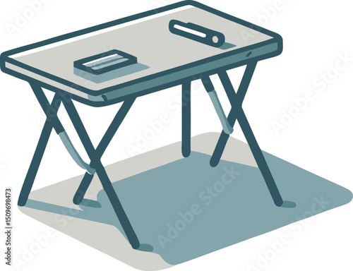 Simple Folding Table with Stationery, Isometric Illustration