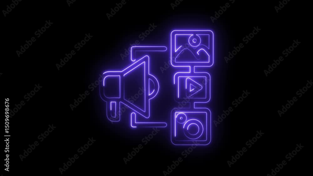 Neon multimedia marketing concept with megaphone image video and photo icons animation Neon multimedia marketing concept with megaphone image video and photo icons animation