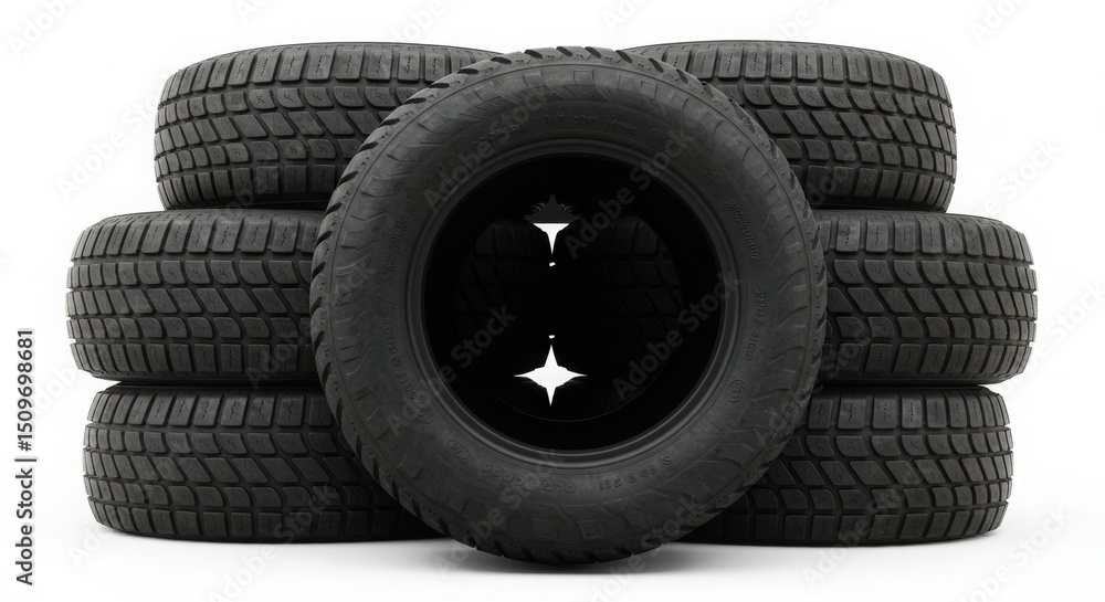 Stack of four black car tires arranged vertically on plain background for automotive use Stack of four black car tires arranged vertically on plain background for automotive use