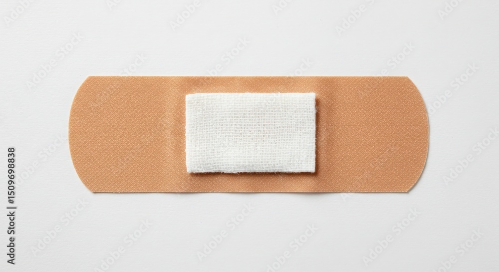 Adhesive bandage on clean white surface representing medical care and first aid essentials Adhesive bandage on clean white surface representing medical care and first aid essentials