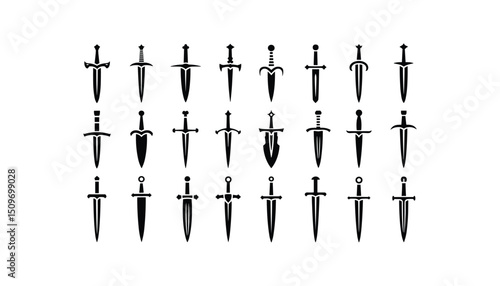 Set of Black Silhouette Medieval Swords and Daggers Icons – Vector Design Elements for Fantasy, Gaming, and Heraldry