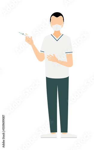 Simple illustration of a male nurse with a wide forehead giving an injection