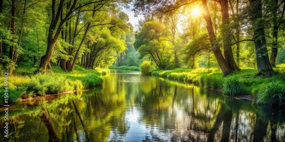 Fototapeta premium Serene riverbank with lush vegetation and a meandering stream, reflecting sunlight through the water's surface, surrounded by tall trees and greenery , sunlight, forest