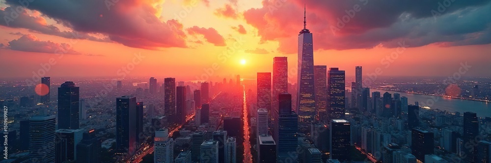Fototapeta premium A bustling cityscape skyline at sunset, reflecting the dynamic energy and ambition of modern business Ideal for illustrating concepts of growth, expansion, and corporate success , global, skyscrapers