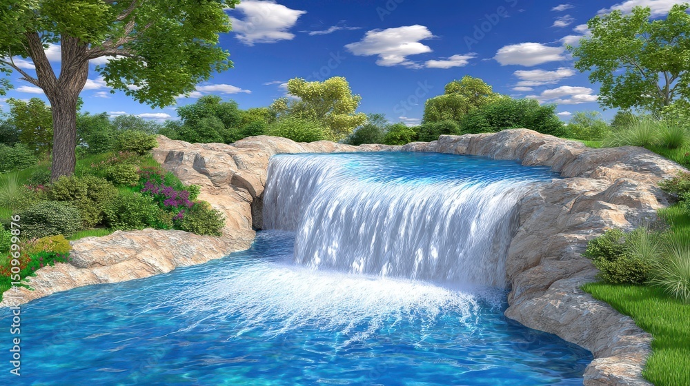 Waterfall Oasis: Tranquil Nature Scene with Blue Water and Lush Greenery for Backgrounds Waterfall Oasis: Tranquil Nature Scene with Blue Water and Lush Greenery for Backgrounds