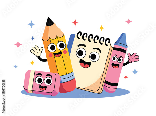 Happy Cartoon School Supplies Vector – Pencil & Crayon Friends