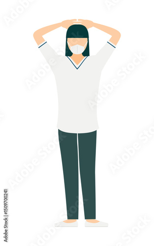 Simple illustration of a female nurse with long hair, hands folded behind her head