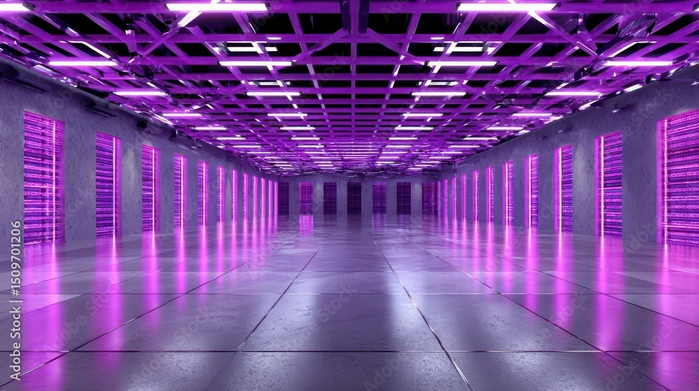 Fototapeta premium Futuristic Data Center Hallway with Neon Lighting, Technology Infrastructure, Digital Age