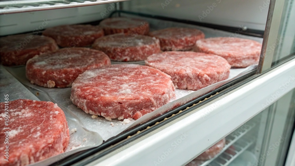 Fototapeta premium Beef patties stacked and sealed in plastic stored in freezer with icy surface
