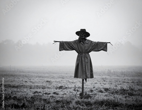 Cinematic black and white Deserted open field with old scarecrow