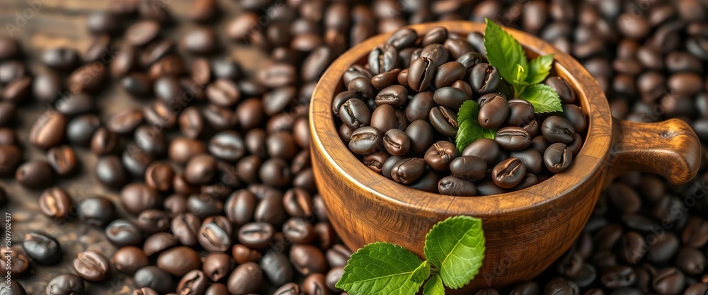 Fototapeta premium A rustic wooden cup overflowing with dark roasted coffee beans, object, abundance