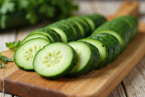 Top-down view of thin cucumber slices spread across an old, richly grained wooden chopping board. The cucumbers are sliced uniformly, showing pale green flesh with a translucent core and tiny seeds, s