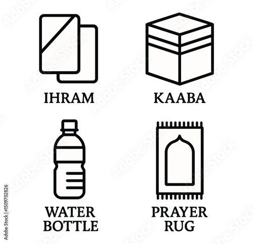 Minimalist Hajj Pilgrimage Essentials Icon Set – Islamic Black and White Line Art