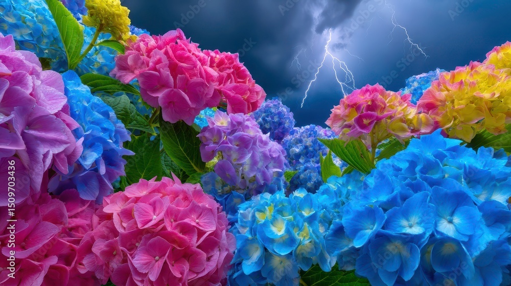 Obraz premium Hydrangea Flowers Under Stormy Sky with Lightning Bolts. Floral Nature.
