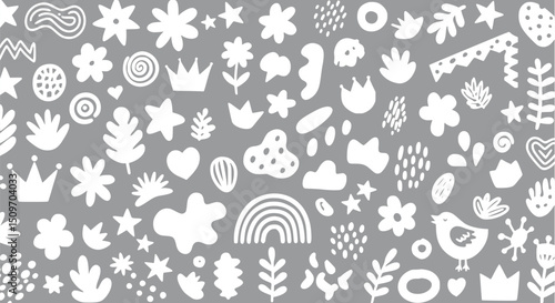 Grey Background with White Flowers Stars Crowns and Abstract Shapes - 