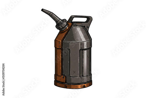 Vintage-style metal oil can icon with curved side spout, designed for lubrication and mechanical use, featuring rustic coloring and isolated on a white background.