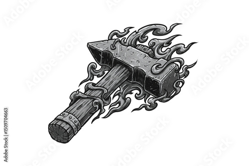 Blacksmith flaming hammer vector illustration with sparks and engraved detail, heavy metal tool for forging and smithing with fire effects isolated on white background, vintage craft weapon icon