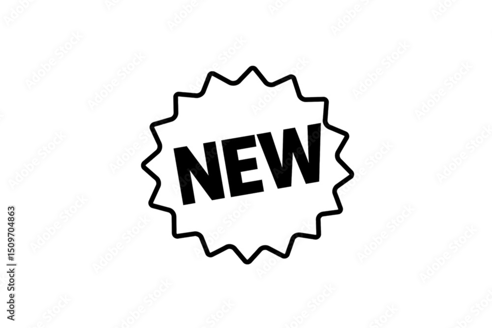Black and white 'NEW' label badge in starburst shape, vector icon isolated on transparent background for promotion or discount ads Black and white 'NEW' label badge in starburst shape, vector icon isolated on transparent background for promotion or discount ads