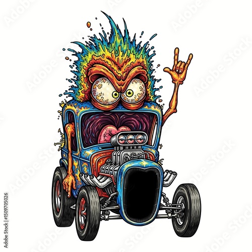 cartoon caricature illustration of a crazy funny wild monster, silly, goofy, humor, expressive, face, driving a vintage hot rod car, caricature, low brow, crazy, humor, driving, creature, exaggerated
