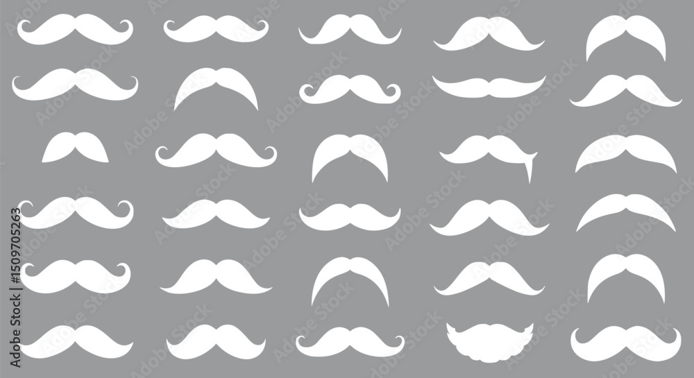 Fototapeta premium Collection of White Mustache Silhouettes Vector Clipart Mustaches Set